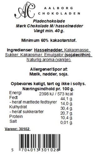 Aalborg chokoladen Hasselnødder Mørk plade 40g