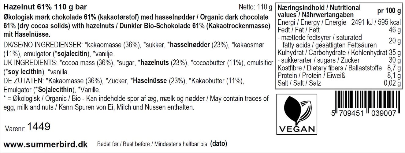 Summerbird Hazelnut 61% 110 g ØKO