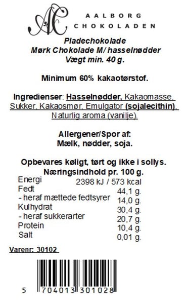 Aalborg chokoladen Hasselnødder Mørk plade 40g