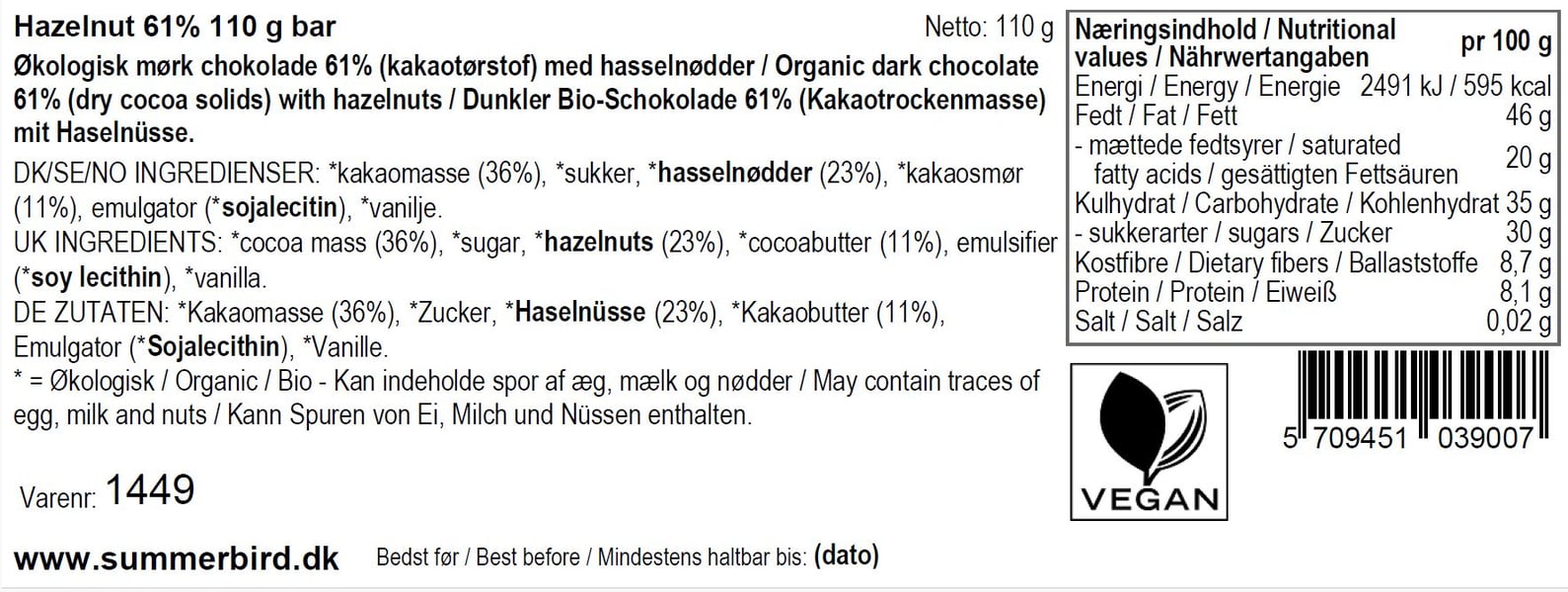 Summerbird Hazelnut 61% 110 g ØKO